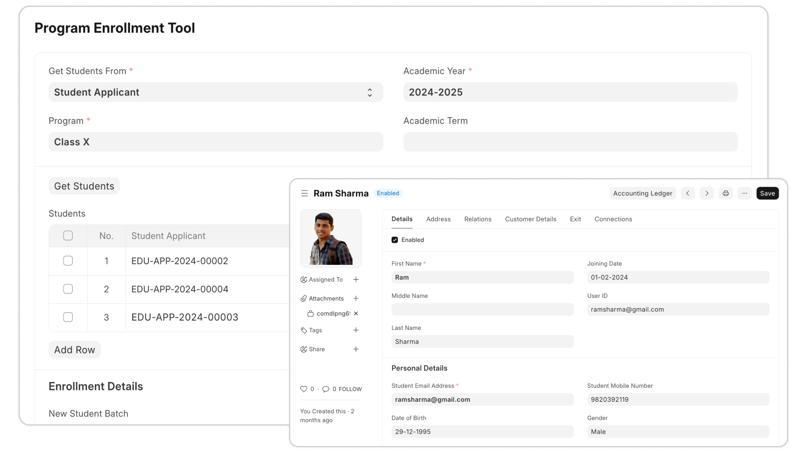 ERPNext Education program enrollment and student record