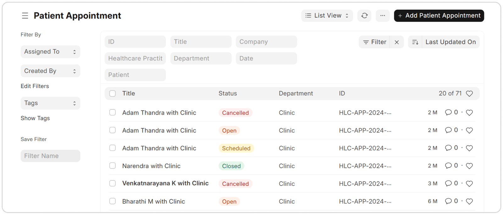 ERPNext Healthcare patient appointment list by clinic department and status