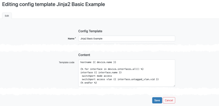 NetBox Jinja2 configuration template editing interface