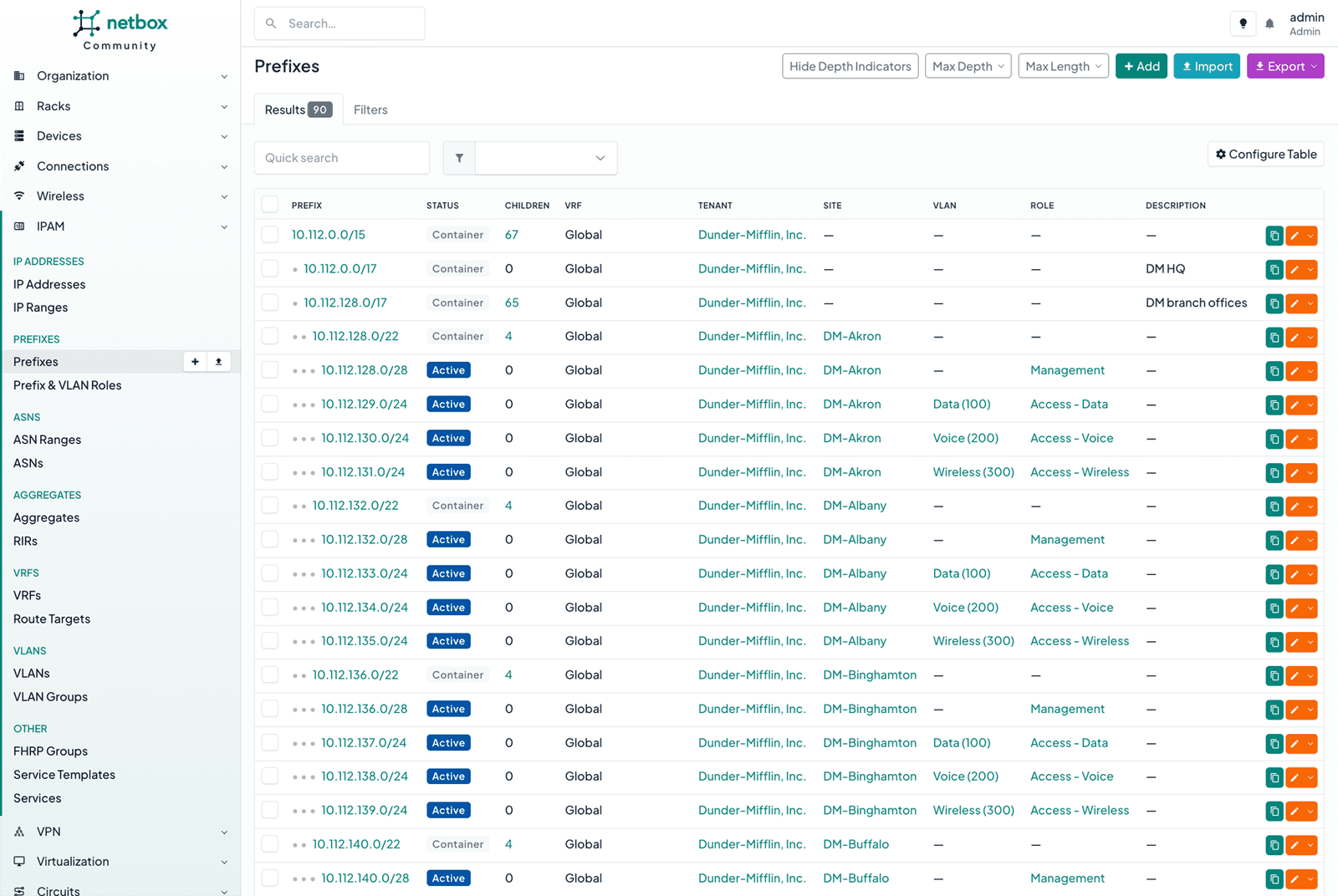 NetBox prefixes list showing per-tenant IP address management