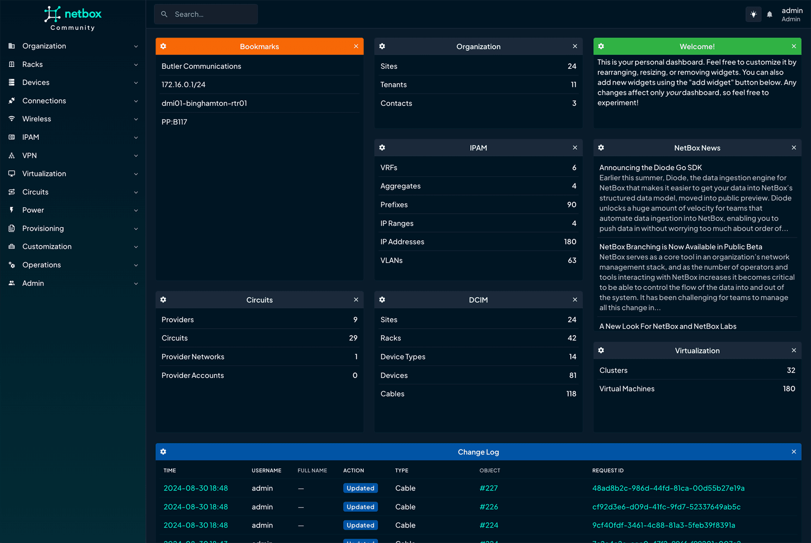 NetBox dashboard showing virtualization clusters and virtual machines