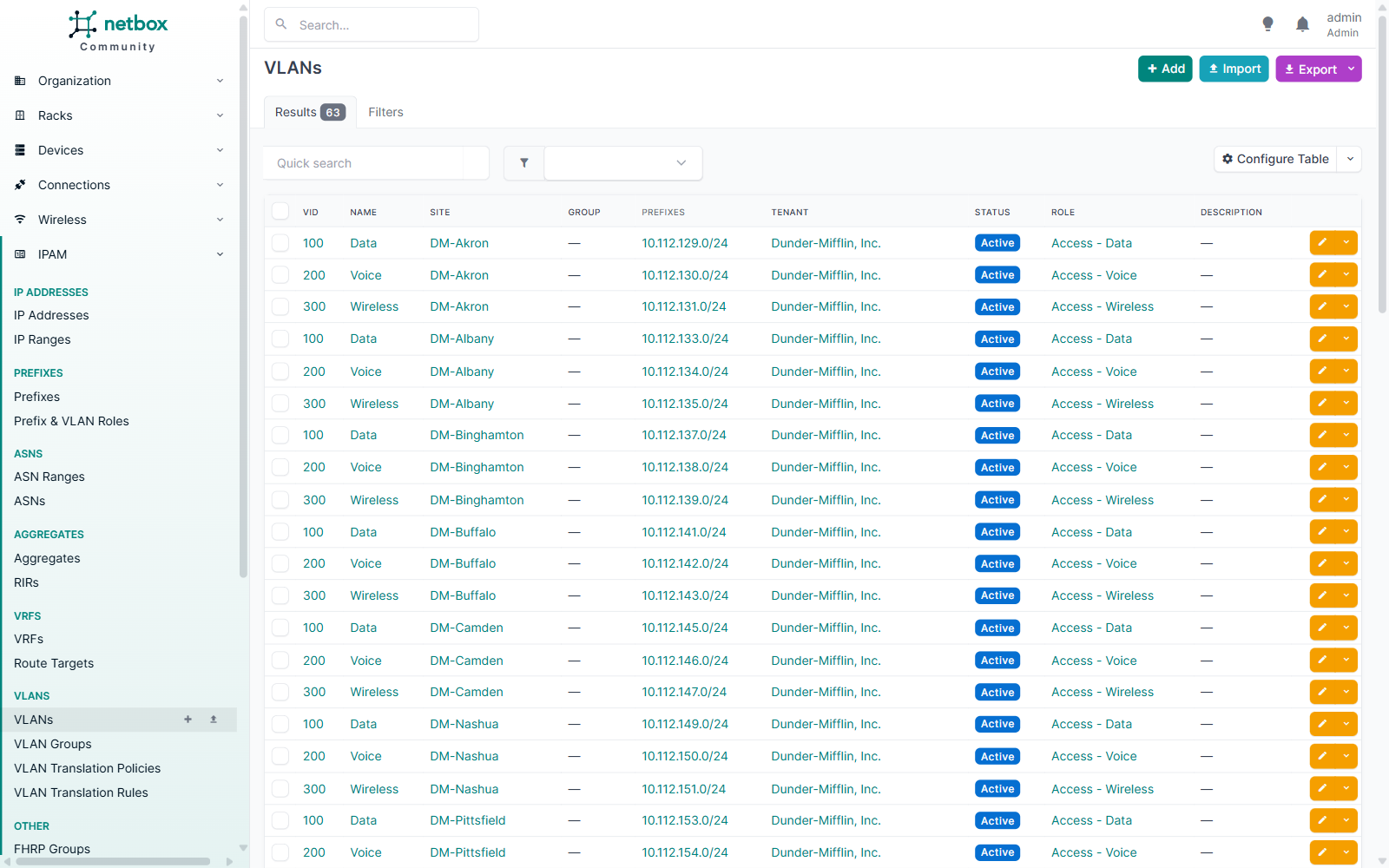 NetBox VLAN list showing VID, site, prefixes, tenant, and status