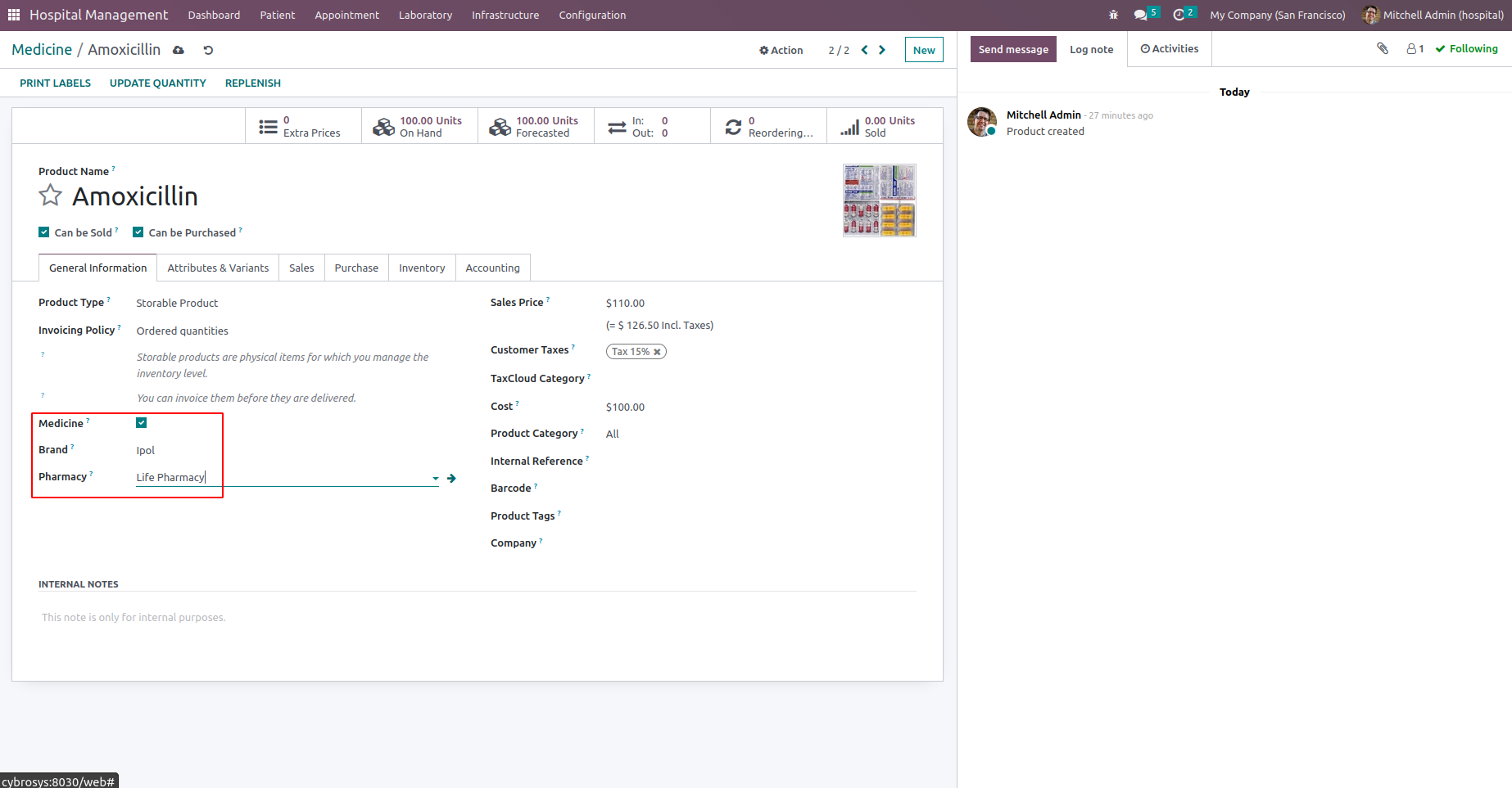 Odoo hospital management pharmacy screen showing medicine stock, brand, and pricing
