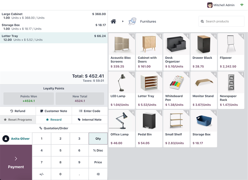 Odoo point of sale interface with product grid