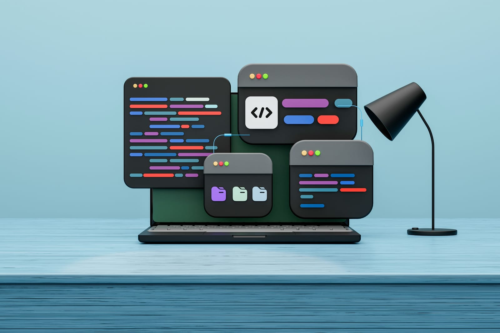 Multi-monitor code editor setup on a developer's desk